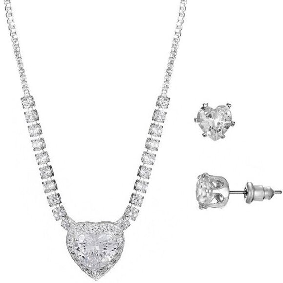 PRIMAVERA 2pc Romantic Heart Silver Plated CZ Necklace + Heart Earrings Set**NEW - Picture 1 of 3
